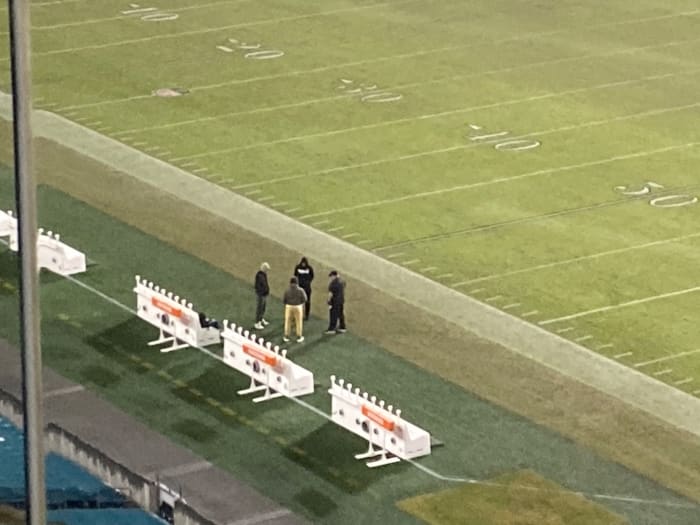 Long after Sunday's game ended, Eagles players Carson Wentz, Zach Ertz, and Jason Kelce, along with VP of security Dom DiSandro talked on the field
